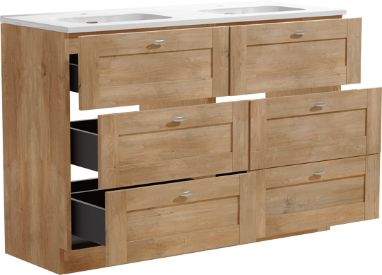 Linie Classo meuble salle de bains à poser 120 x 46 cm chêne naturel avec Baro double vasque en porcelaine blanc brillant