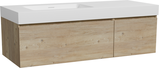 Storke Edge meuble salle de bains suspendu 130 x 52 cm chêne brut avec Mata High vasque asymétrique gauche en solid surface blanc mat