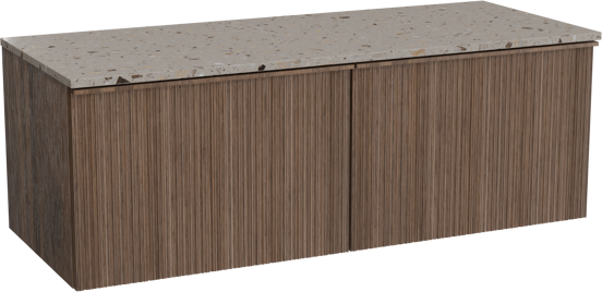 Balmani Forma meuble salle de bains suspendu 135 x 55 cm noyer américain avec Stretto tablette simple ou double en terrazzo greige terrazzo, Nervure circulaire asymétrique verticale