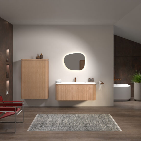 Balmani Moon meuble salle de bains suspendu 130 x 55 cm chêne naturel avec Moon plan simple en solid surface blanc mat, Nervure droite symétrique verticale