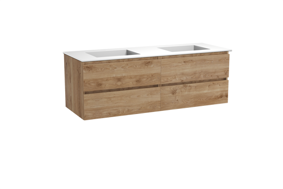 Balmani Lucida zwevend badkamermeubel 150 x 55 cm ruwe eik met Tablo Stretto dubbele wastafel in solid surface mat wit