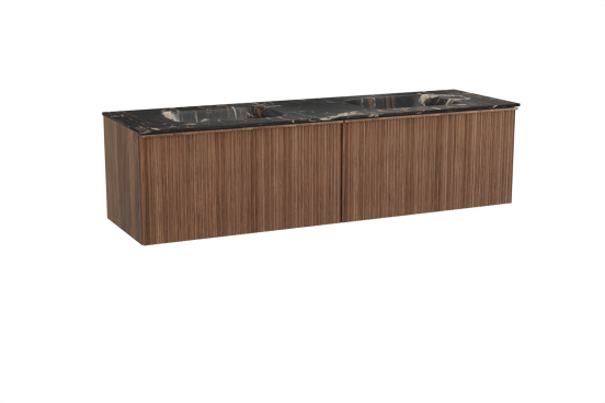 Balmani Forma zwevend badkamermeubel 180 x 55 cm amerikaanse notelaar met Tablo Arcato dubbele wastafel in marmer portoro gold, Verticale asymmetrische ronde ribbel
