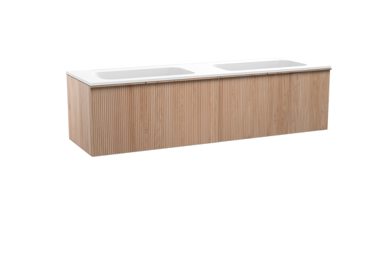 Balmani Forma zwevend badkamermeubel 180 x 55 cm natuur eik met Tablo Strada dubbele wastafel in composietmarmer mat wit, Verticale symmetrische rechte ribbel