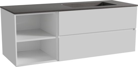 Storke Edge zwevend badmeubel 140 x 52 cm hoogglans wit met Scuro asymmetrisch rechtse wastafel in kwarts mat zwart