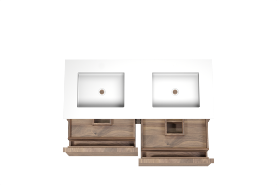 Balmani Forma meuble salle de bains suspendu 135 x 55 cm noyer américain avec Tablo Stretto double vasque en solid surface blanc mat, Nervure droite symétrique horizontale