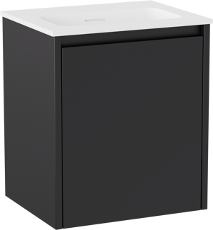 Storke Seda zwevend badkamermeubel 45 x 35 cm mat zwart met Mata enkele wastafel in Solid Surface mat wit