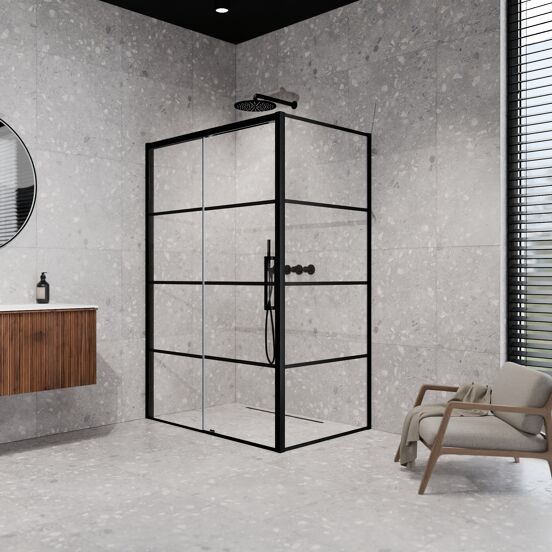 Balmani Senses Design douchehoek met linkse schuifdeur en vaste zijwand, 140 x 90 cm, Lined, Mat zwart profielen