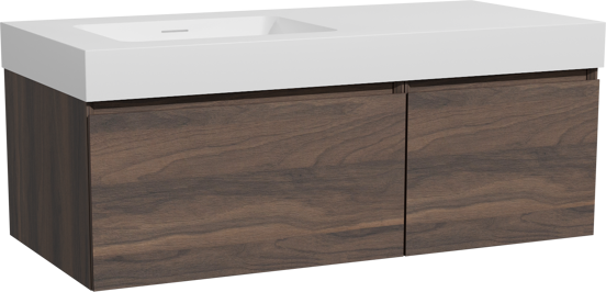 Storke Edge zwevend badkamermeubel 110 x 52 cm notelaar met Mata High asymmetrisch linkse wastafel in solid surface mat wit