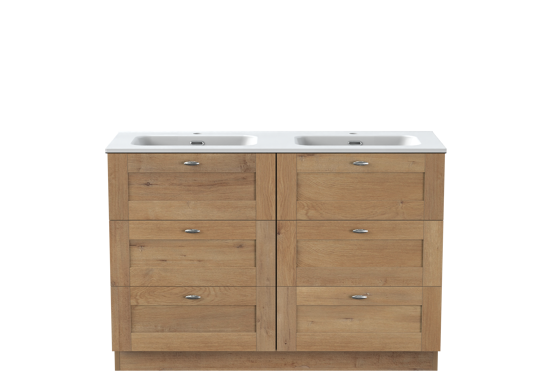 Linie Classo meuble salle de bains à poser 120 x 46 cm chêne naturel avec Baro double vasque en porcelaine blanc mat