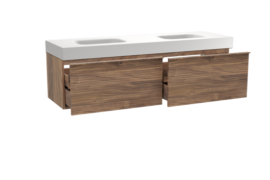 Balmani Forma zwevend badkamermeubel 180 x 55 cm amerikaanse notelaar met Arcato dubbele wastafel in solid surface mat wit, Horizontale symmetrische rechte ribbel