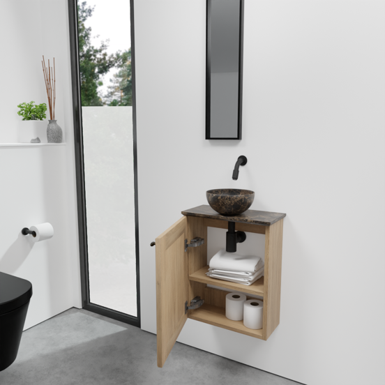Balmani Lemon zwevend toiletmeubel 42 x 21 cm verweerde eik met Facetta tablet en Bari XS waskom in Dark Emperador marmer