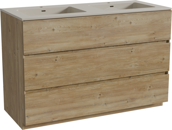 Storke Edge meuble salle de bains à poser 120 x 52 cm chêne brut avec Diva double vasque en top solid soie grise