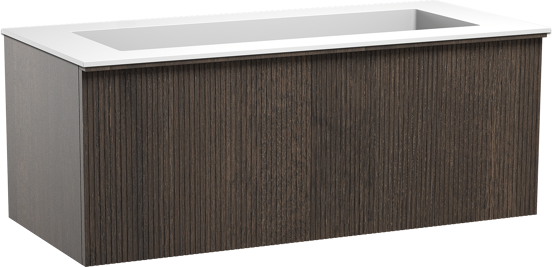 Balmani Forma zwevend badkamermeubel 120 x 55 cm gerookte eik met Tablo Stretto enkele wastafel voor 2 kraangaten in solid surface mat wit, Verticale symmetrische rechte ribbel
