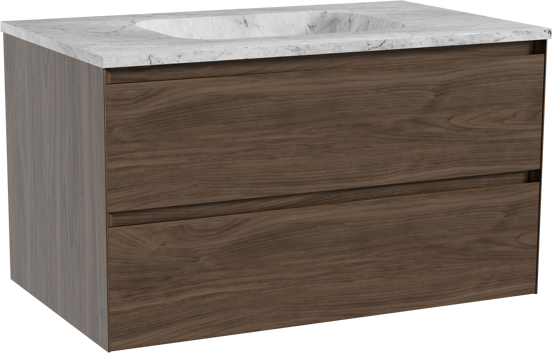 Balmani Mitra hängendes Möbelstück Set: 90 x 55 cm, Amerikanischer Nussbaum, mit Tablo Arcato Einzelwaschtisch, Marmor Carrara