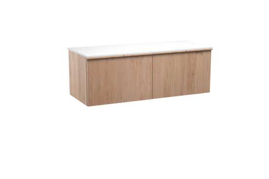 Balmani Forma zwevend badkamermeubel 135 x 55 cm natuur eik met Stretto enkel of dubbel tablet in solid surface mat wit, Verticale symmetrische rechte ribbel