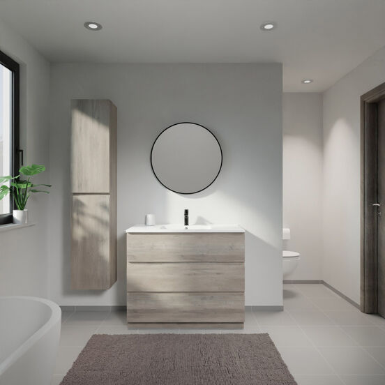 Linie Lado staand badmeubel 100 x 46 cm grijs eiken met Vano enkele wastafel in composietmarmer hoogglans wit