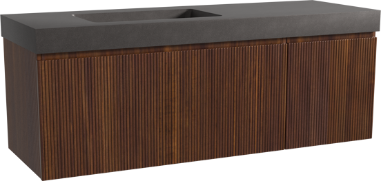 Storke Ribs hängendes Möbelstück Set: 150 x 52 cm, Nussbaum, mit Scuro High Waschtisch links, Quarz, Schwarz matt, Vertikale symmetrische gerade Rippe