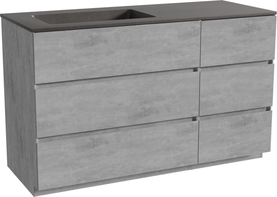 Storke Edge staand badkamermeubel 130 x 52 cm beton donkergrijs met Scuro asymmetrisch linkse wastafel in kwarts mat zwart