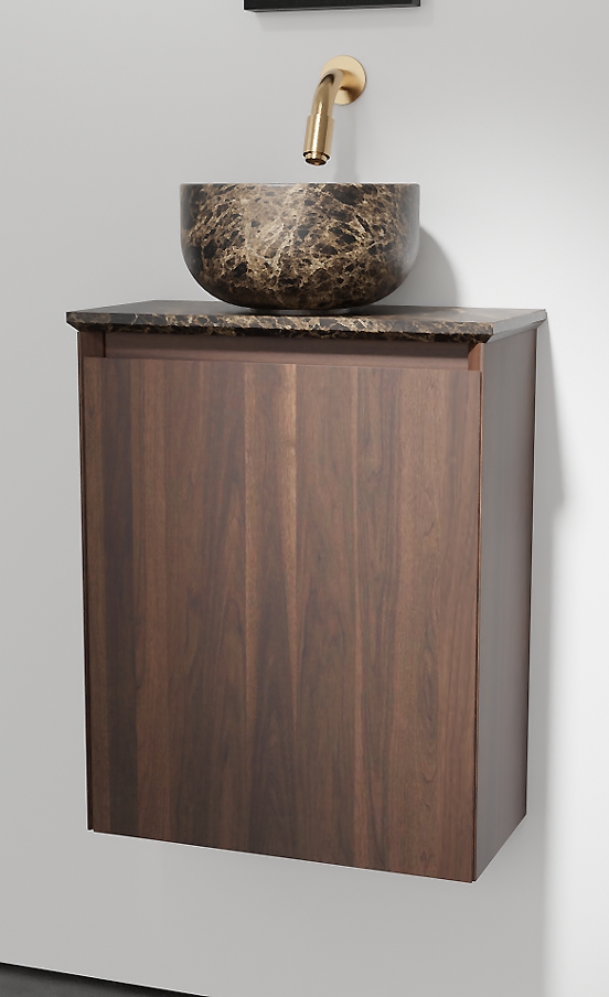 Balmani Mitra hängendes WC-Möbel-Set, 42 x 21 cm, amerikanischer Nussbaum, mit Facetta Waschtischplatte und Bowl Aufsatzbecken in Dark Emperador Marmor