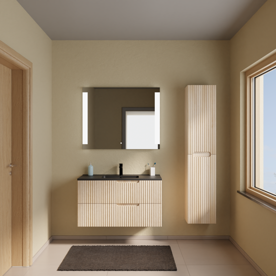 Linie Ribbo meuble salle de bains suspendu 100 x 46 cm chêne clair avec Vano plan simple en marbre composite noir mat, Nervure circulaire symétrique verticale