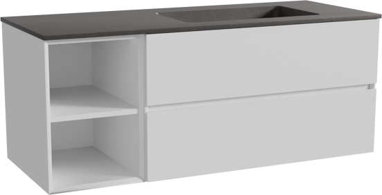 Storke Edge zwevend badmeubel 130 x 52 cm mat wit met Scuro asymmetrisch rechtse wastafel in kwarts mat zwart
