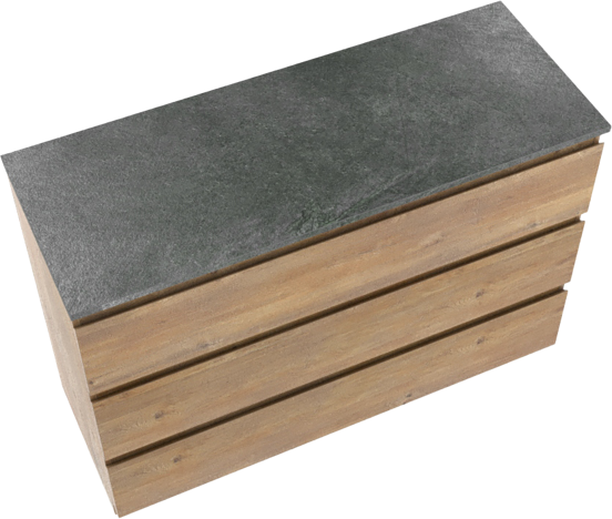 Linie Lado staand badkamermeubel 120 x 46 cm natuur eik met Lado enkel of dubbel tablet in melamine leisteen grijs