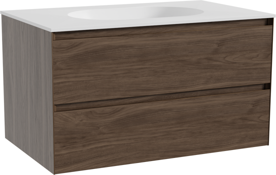 Balmani Mitra hängendes Möbelstück Set: 90 x 55 cm, Amerikanischer Nussbaum, mit Tablo Oval Einzelwaschtisch, Solid Surface Weiß matt