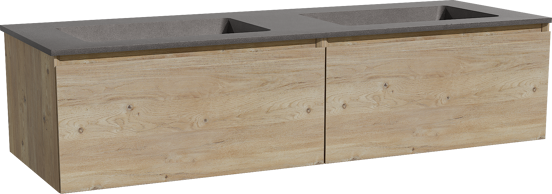 Storke Edge zwevend badmeubel 150 x 52 cm ruw eiken met Scuro dubbele wastafel in kwarts mat zwart