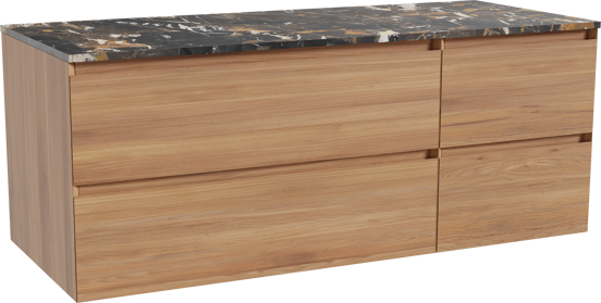 Balmani Mitra hängendes Möbelstück Set: 135 x 55 cm, Teak, mit Stretto Einzel- oder Doppel Waschtischplatte, Marmor Portoro Gold