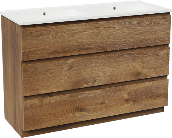 Linie Lado freistehendes Möbelstück Set: 120 x 46 cm, Braune Eiche, mit Vano Doppelwaschtisch, Marmorkomposit Weiß matt
