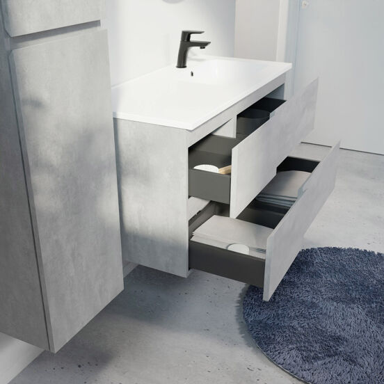 Linie Lado meuble salle de bains suspendu 100 x 46 cm béton gris foncé avec Vano vasque asymétrique droite en marbre composite blanc mat