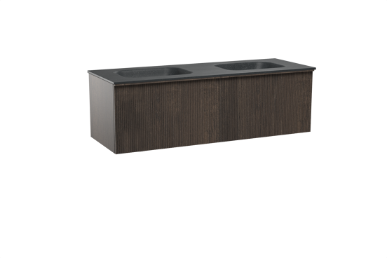 Balmani Forma zwevend badkamermeubel 150 x 55 cm gerookte eik met Tablo Arcato dubbele wastafel in graniet zwart, Verticale symmetrische rechte ribbel