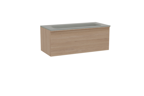 Balmani Forma zwevend badkamermeubel 120 x 55 cm natuur eik met Tablo Strada enkele wastafel voor 2 kraangaten in composietmarmer zijdegrijs, Horizontale symmetrische rechte ribbel