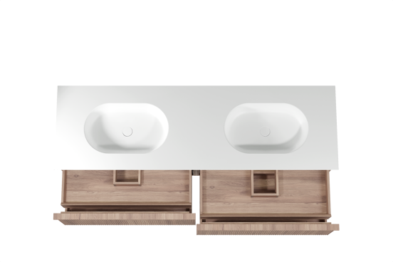 Balmani Forma hängendes Möbelstück Set: 180 x 55 cm, Teak, mit Tablo Oval Doppelwaschtisch, Solid Surface, Weiß matt, Vertikale symmetrische gerade Rippe