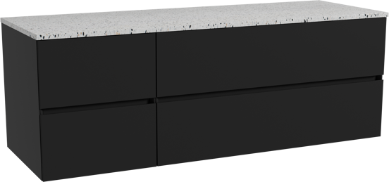 Storke Edge hängendes Möbelstück Set: 150 x 52 cm, Schwarz matt, mit Tavola Einzel- oder Doppel Waschtischplatte, Terrazzo in Weiß/Schwarz matt
