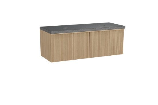 Balmani Forma meuble salle de bains suspendu 135 x 55 cm chêne naturel avec Rock tablette double en granit noir, Nervure circulaire asymétrique verticale