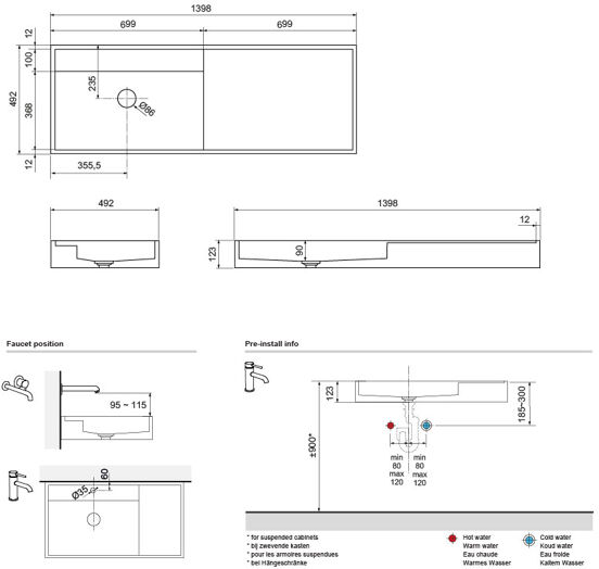 Balmani Cubo asymmetrisch linkse wastafel matte Solid Surface 140 x 49 cm