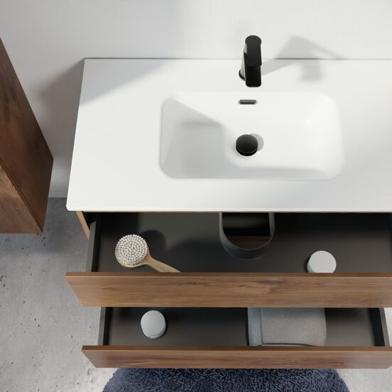 Linie Lado hängendes Möbelstück Set: 80 x 46 cm, Braune Eiche, mit Baro Einzelwaschtisch, Porzellan Weiß matt