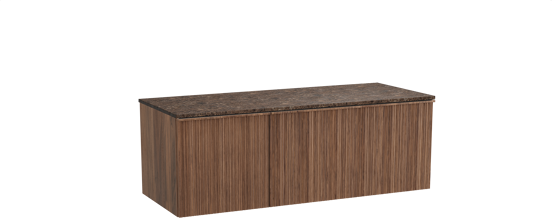 Balmani Forma zwevend badmeubel 135 x 55 cm amerikaans notenhout met Stretto enkel of dubbel wastafelblad in marmer dark emperador, Verticale asymmetrische ronde ribbel