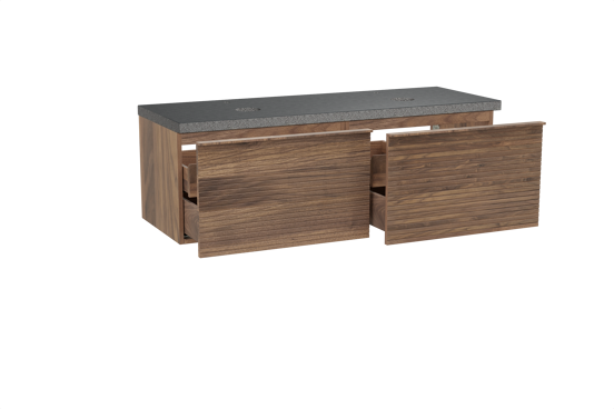 Balmani Forma hängendes Möbelstück Set: 150 x 55 cm, Amerikanischer Nussbaum, mit Rock Doppel Waschtischplatte, Granit, Schwarzes Granit, Horizontale symmetrische gerade Rippe