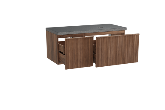 Balmani Forma hängendes Möbelstück Set: 120 x 55 cm, Amerikanischer Nussbaum, mit Rock Waschtisch rechts, Granit, Schwarzes Granit, Vertikale asymmetrische Runde Rippe
