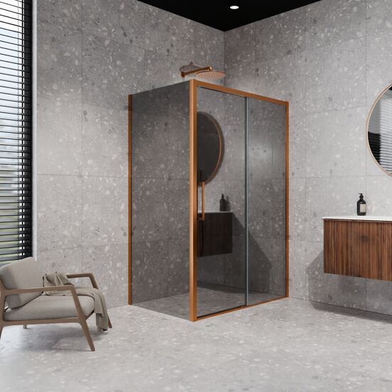 Balmani Senses Design douche en coin avec porte coulissante à droite et paroi latérale fixe, 120 x 90 cm, Miroir Reflex, Profil Brushed Rosegold