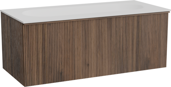 Balmani Forma hängendes Möbelstück Set: 120 x 55 cm, Amerikanischer Nussbaum, mit Tablo Oval Einzelwaschtisch für 2 Armaturenlöcher, Solid Surface, Weiß matt, Vertikale symmetrische gerade Rippe