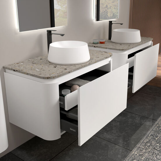 Balmani Moon hängendes Möbelstück Set: 100 x 55 cm, Weiß matt, mit Moon Einzel Waschtischplatte, Terrazzo in Greige
