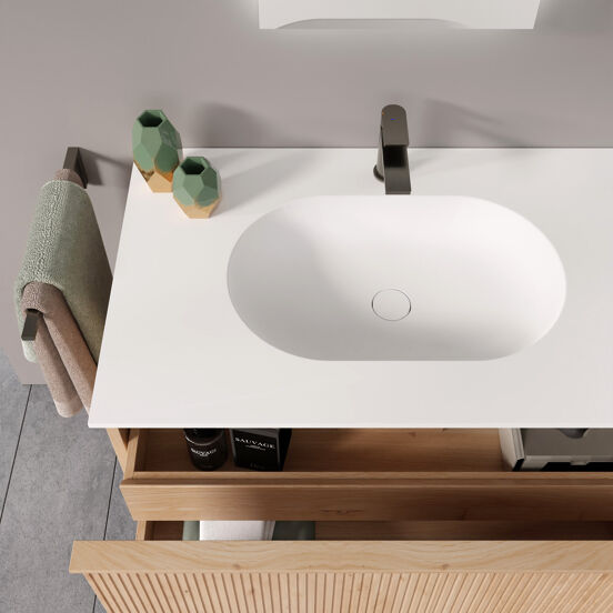 Balmani Forma zwevend badkamermeubel 150 x 55 cm natuur eik met Tablo Oval dubbele wastafel in solid surface mat wit, Verticale symmetrische rechte ribbel