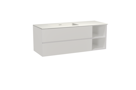 Storke Edge meuble salle de bains suspendu 140 x 52 cm blanc brillant avec Mata plan vasque asymétrique à gauche en solid surface blanc mat