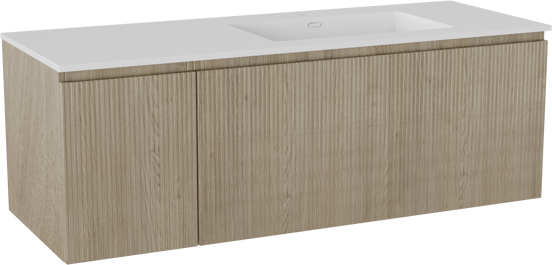 Storke Ribs zwevend badkamermeubel 140 x 52 cm ruwe eik met Diva asymmetrisch rechtse wastafel in composietmarmer glanzend wit, Verticale symmetrische rechte ribbel