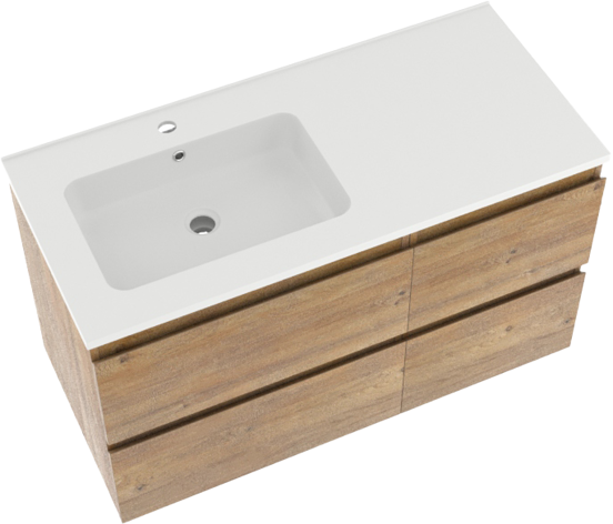 Linie Lado zwevend badmeubel 100 x 46 cm naturel eiken met Vano asymmetrisch linkse wastafel in composietmarmer mat wit