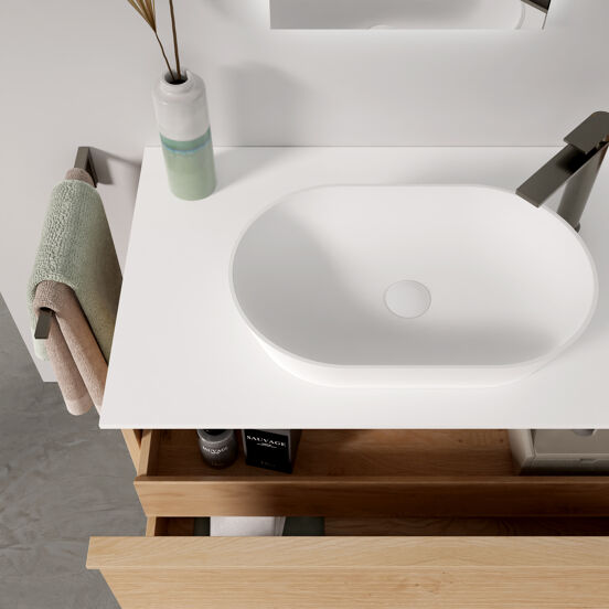 Balmani Forma hängendes Möbelstück Set: 120 x 55 cm, Naturbelassene Eiche, mit Stretto Einzel- oder Doppel Waschtischplatte, Solid Surface, Weiß matt, Horizontale symmetrische gerade Rippe