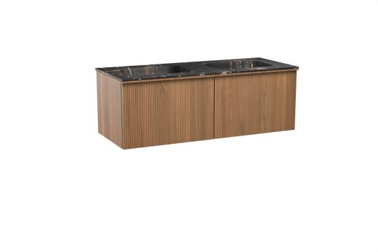 Balmani Forma hängendes Möbelstück Set: 135 x 55 cm, Teak, mit Tablo Arcato Doppelwaschtisch, Marmor, Portoro Gold, Vertikale symmetrische gerade Rippe